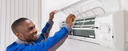 Happy Male Technician Checking Air Conditioner At Home