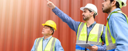 A logistics management training graduate working with colleagues outside of a warehouse.