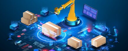 Concept illustration of AI in supply chain warehouse with machine and boxes