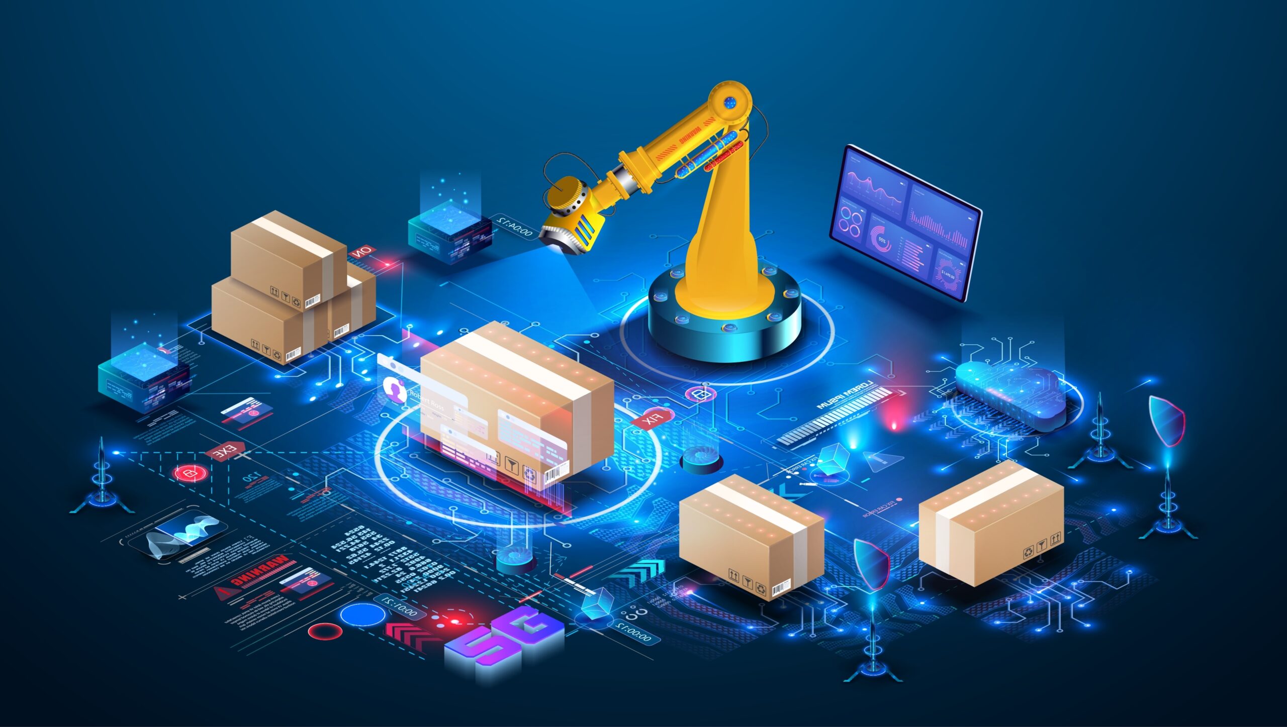 Concept illustration of AI in supply chain warehouse with machine and boxes